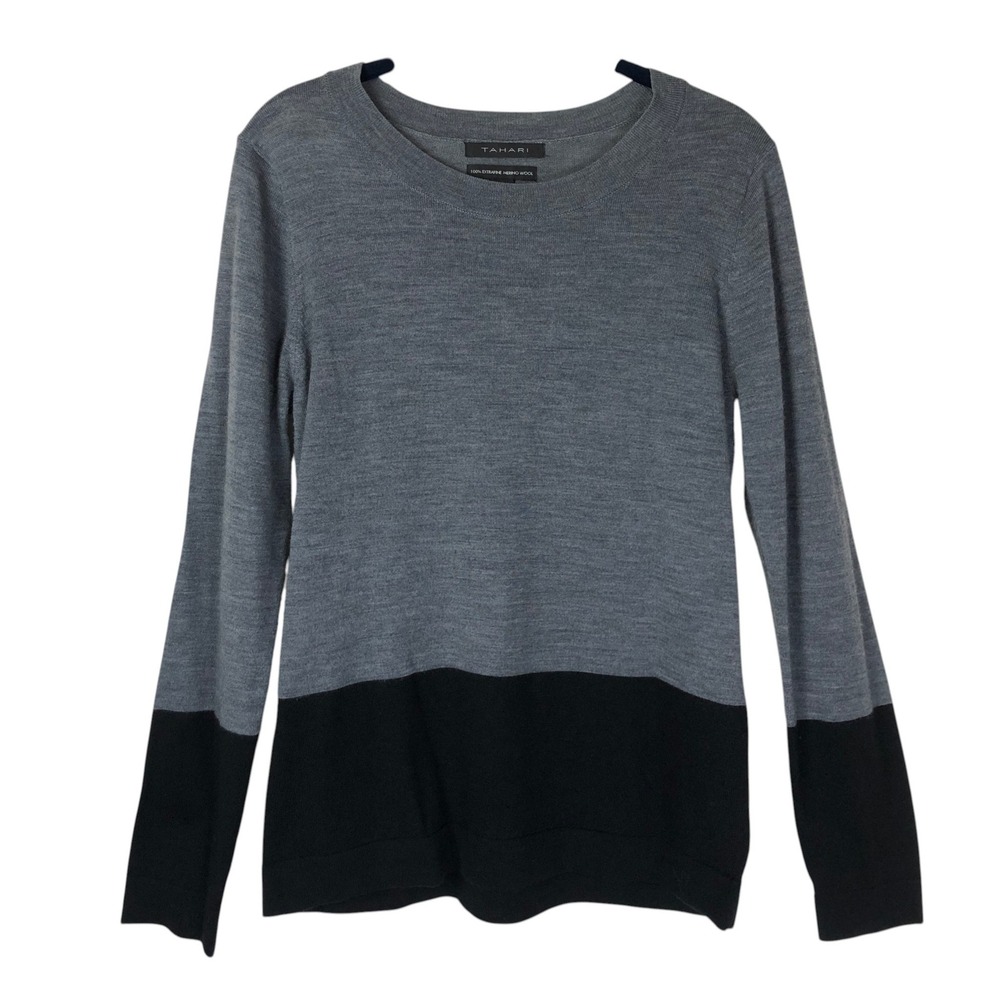Tahari Womens 100% Extra Fine Merino Wool Colorblock Sweater Size L Quiet Luxury
